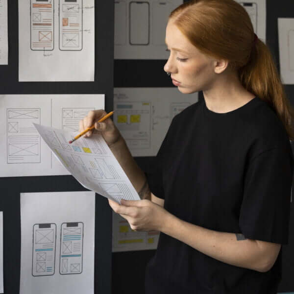 female web designer taking notes office